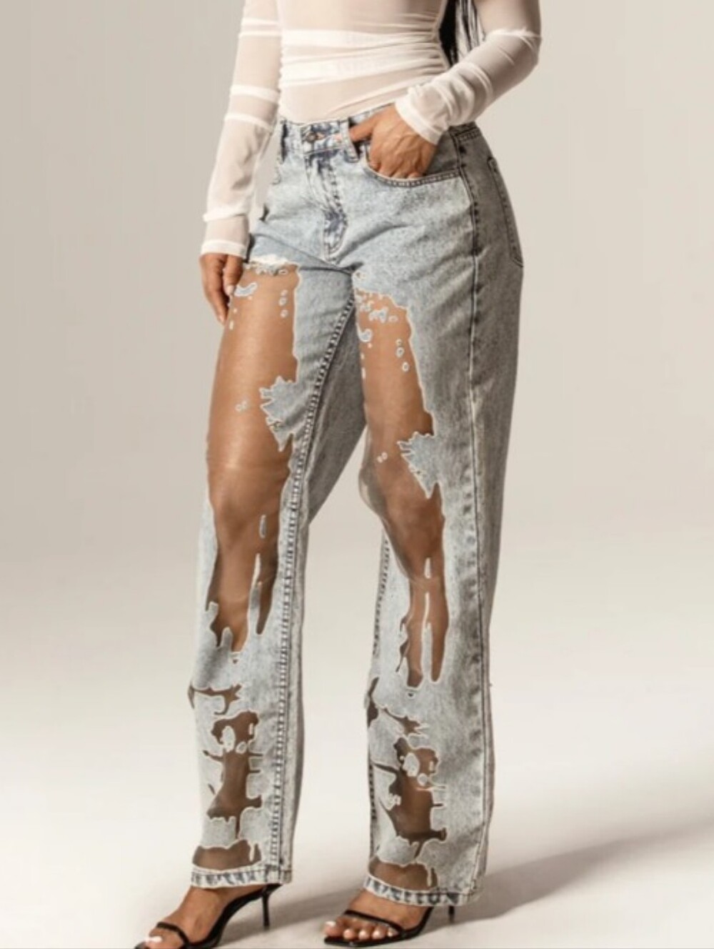 Aliava Tula Sheer Panel Wide Leg Jeans Mesh Runs Big